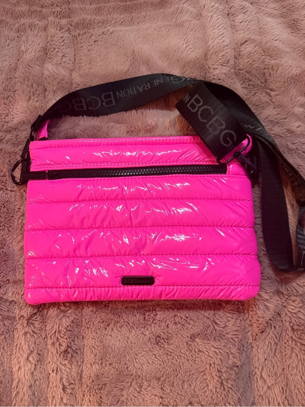 BCBGeneration Neon Pink Quilted Patent Crossbody Bag with Branded Strap